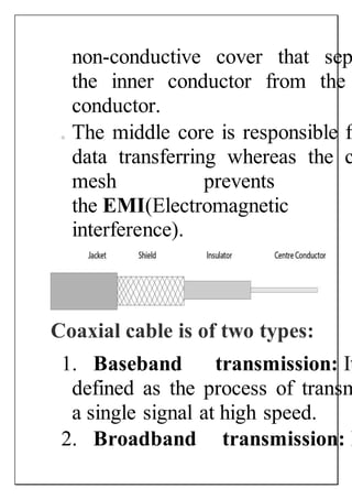 non-conductive cover that sep
the inner conductor from the
conductor.
o The middle core is responsible fo
data transferring whereas the c
mesh prevents
the EMI(Electromagnetic
interference).
Coaxial cable is of two types:
1. Baseband transmission: It
defined as the process of transm
a single signal at high speed.
2. Broadband transmission: I
 