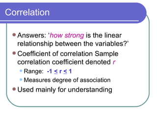 Answers: ‘ how strong   is the linear relationship between the variables?’ Coefficient of correlation Sample correlation coefficient denoted   r Range:  -1  <  r  <  1 Measures degree of association Used mainly for understanding Correlation 