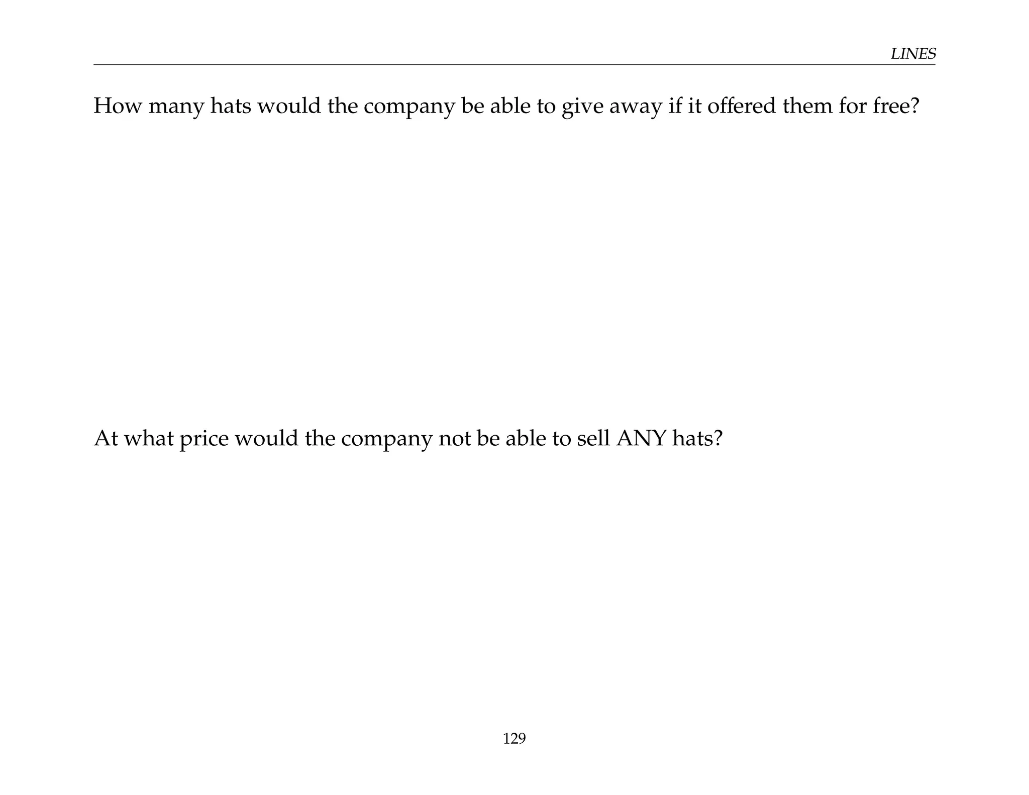 LINES
How many hats would the company be able to give away if it offered them for free?
At what price would the company not be able to sell ANY hats?
129
 