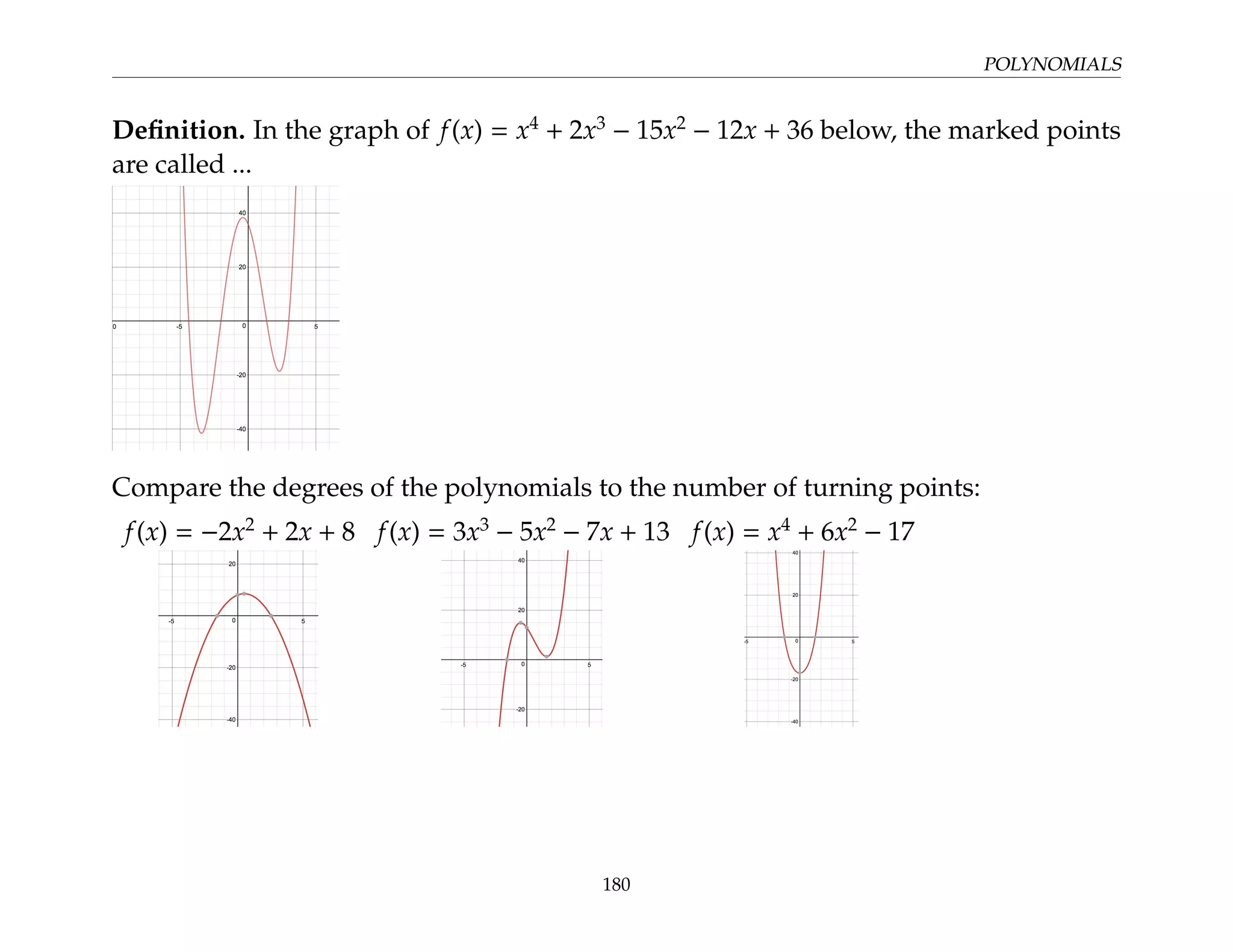 POLYNOMIALS
Definition. In the graph of f(x) = x4
+ 2x3
− 15x2
− 12x + 36 below, the marked points
are called ...
Compare the degrees of the polynomials to the number of turning points:
f(x) = −2x2
+ 2x + 8 f(x) = 3x3
− 5x2
− 7x + 13 f(x) = x4
+ 6x2
− 17
180
 