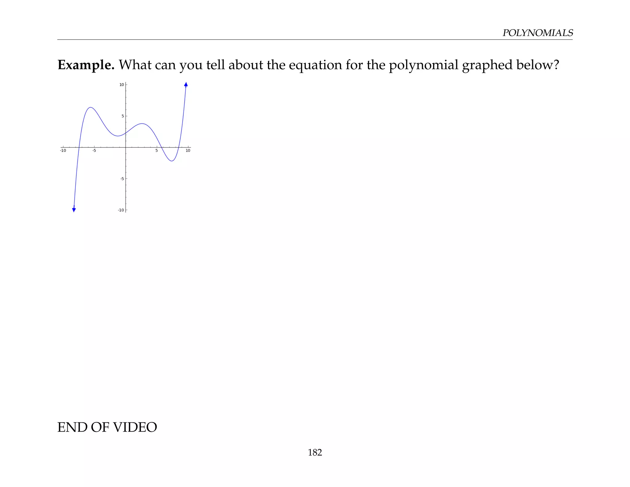 POLYNOMIALS
Example. What can you tell about the equation for the polynomial graphed below?
END OF VIDEO
182
 