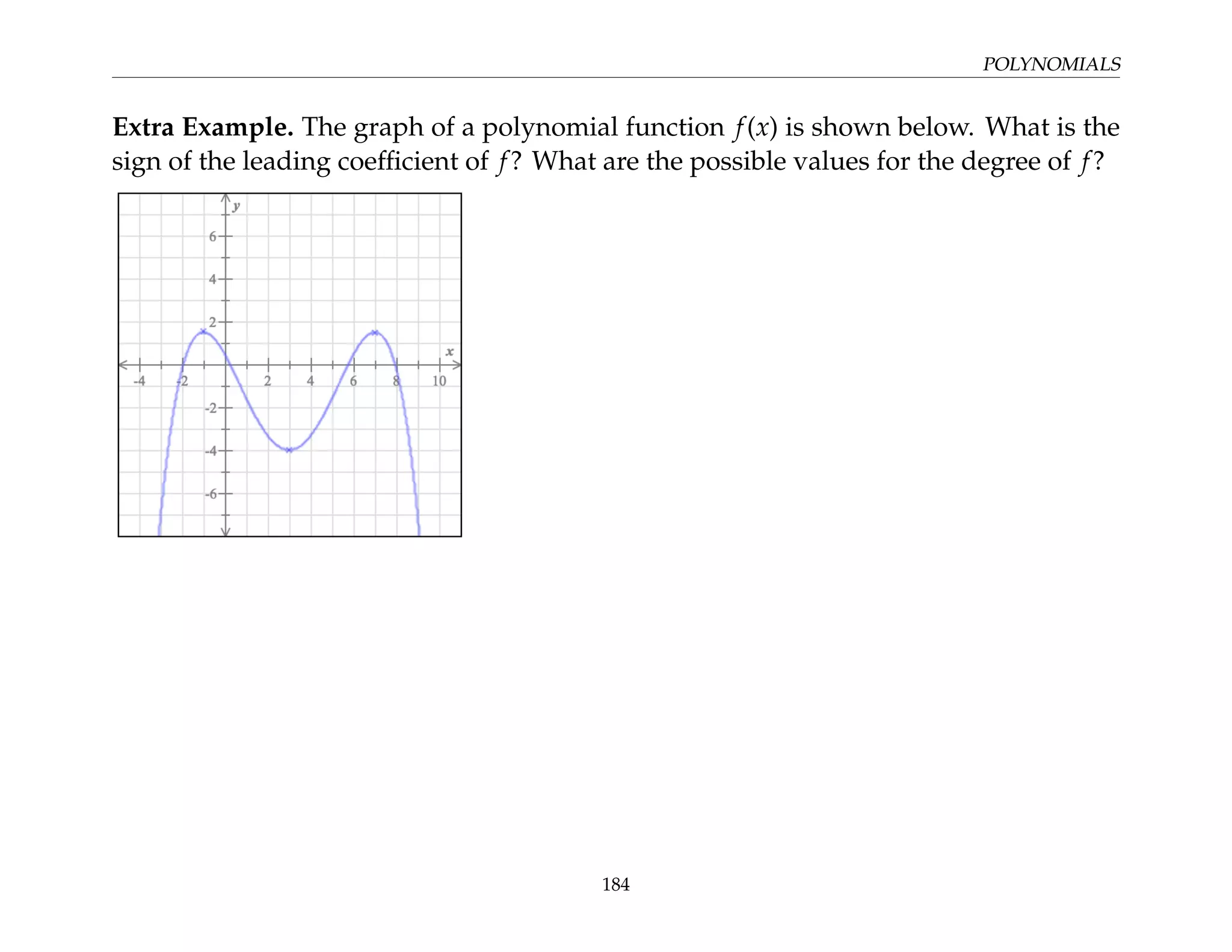 POLYNOMIALS
Extra Example. The graph of a polynomial function f(x) is shown below. What is the
sign of the leading coefficient of f? What are the possible values for the degree of f?
184
 