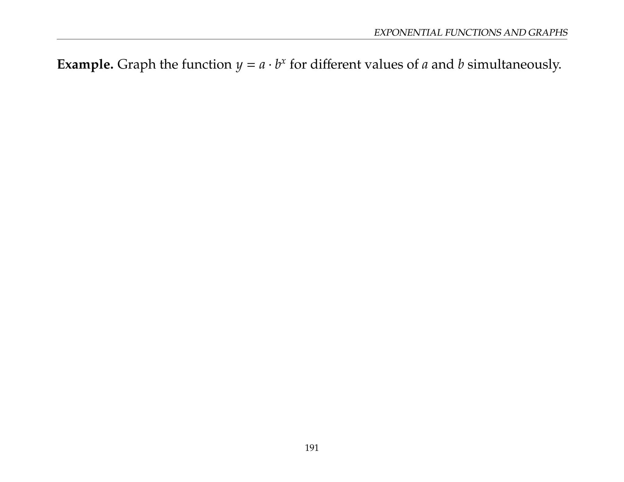 EXPONENTIAL FUNCTIONS AND GRAPHS
Example. Graph the function y = a · bx
for different values of a and b simultaneously.
191
 