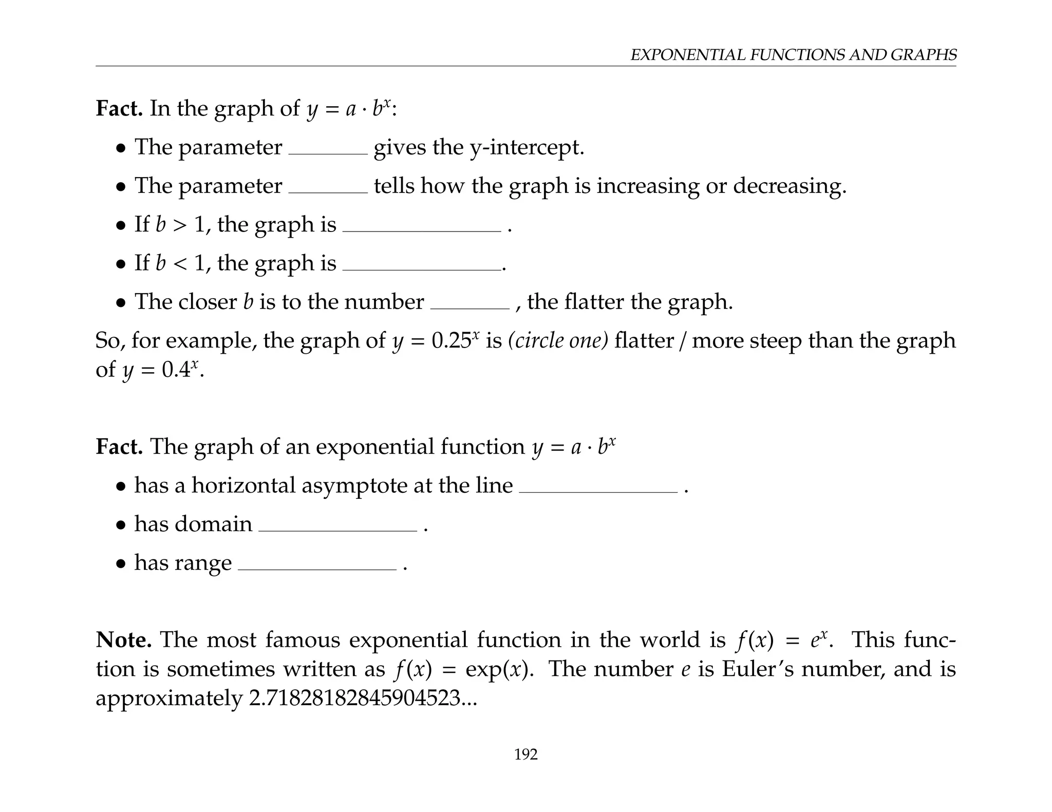 EXPONENTIAL FUNCTIONS AND GRAPHS
Fact. In the graph of y = a · bx
:
• The parameter gives the y-intercept.
• The parameter tells how the graph is increasing or decreasing.
• If b  1, the graph is .
• If b  1, the graph is .
• The closer b is to the number , the flatter the graph.
So, for example, the graph of y = 0.25x
is (circle one) flatter / more steep than the graph
of y = 0.4x
.
Fact. The graph of an exponential function y = a · bx
• has a horizontal asymptote at the line .
• has domain .
• has range .
Note. The most famous exponential function in the world is f(x) = ex
. This func-
tion is sometimes written as f(x) = exp(x). The number e is Euler’s number, and is
approximately 2.71828182845904523...
192
 
