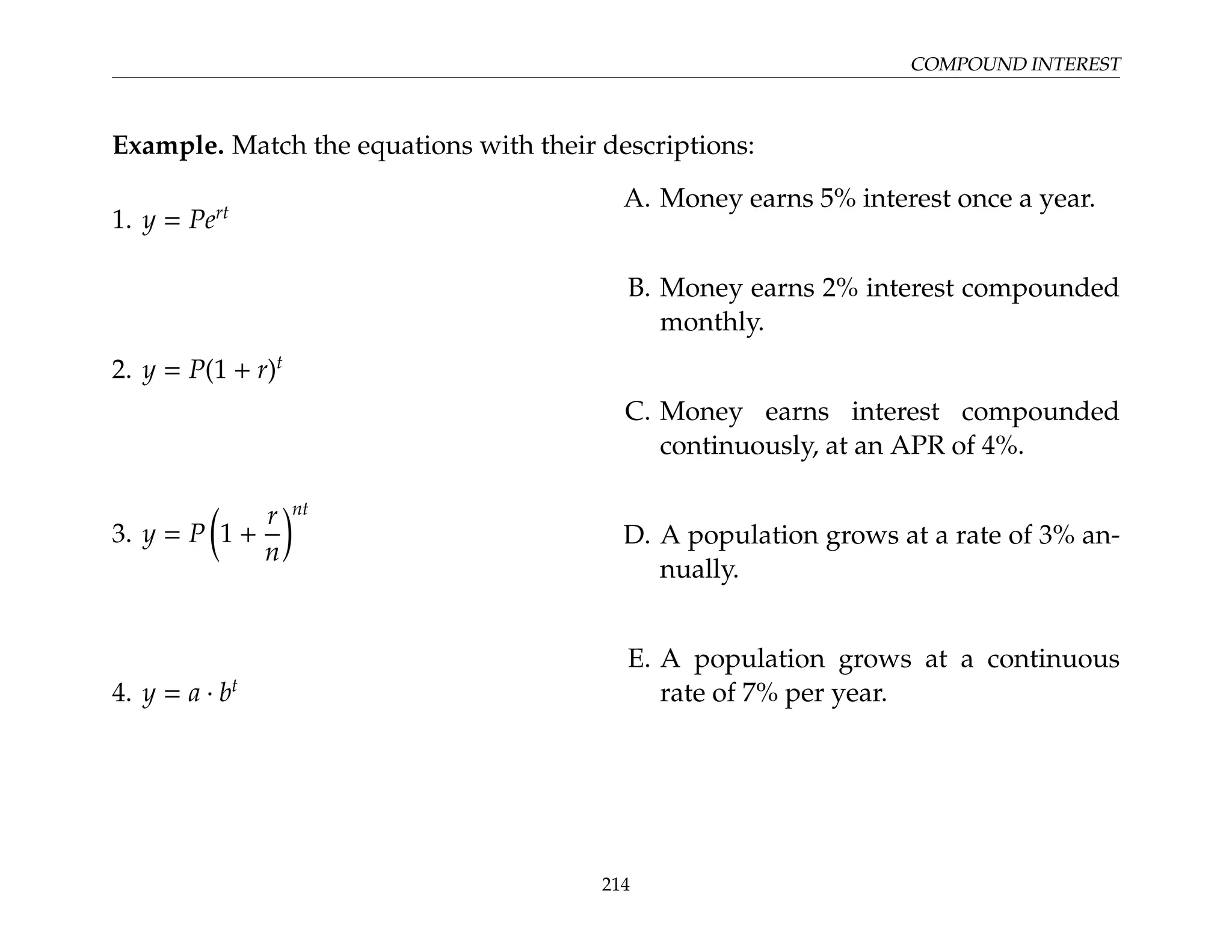 COMPOUND INTEREST
Example. Match the equations with their descriptions:
1. y = Pert
2. y = P(1 + r)t
3. y = P

1 +
r
n
nt
4. y = a · bt
A. Money earns 5% interest once a year.
B. Money earns 2% interest compounded
monthly.
C. Money earns interest compounded
continuously, at an APR of 4%.
D. A population grows at a rate of 3% an-
nually.
E. A population grows at a continuous
rate of 7% per year.
214
 
