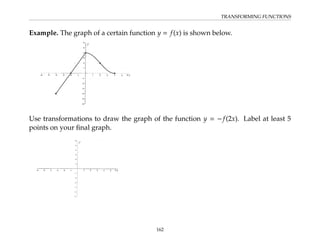 TRANSFORMING FUNCTIONS
Example. The graph of a certain function y = f(x) is shown below.
Use transformations to draw the graph of the function y = − f(2x). Label at least 5
points on your final graph.
162
 