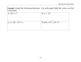 QUADRATIC FUNCTIONS
Example. Graph the following functions. For each graph label the vertex and the
x-intercepts.
A. f(x) = x2
B. y = −3x2
C. y = 2(x − 3)2
+ 4 D. g(x) = 5x2
+ 10x + 3
167
 