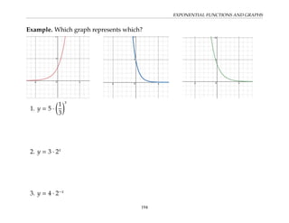 EXPONENTIAL FUNCTIONS AND GRAPHS
Example. Which graph represents which?
1. y = 5 ·

1
3
x
2. y = 3 · 2x
3. y = 4 · 2−x
194
 