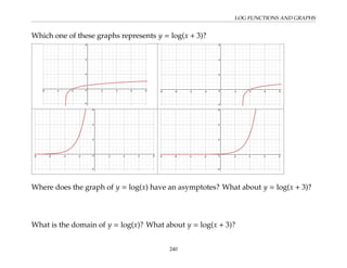 LOG FUNCTIONS AND GRAPHS
Which one of these graphs represents y = log(x + 3)?
Where does the graph of y = log(x) have an asymptotes? What about y = log(x + 3)?
What is the domain of y = log(x)? What about y = log(x + 3)?
240
 