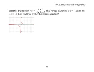 APPLICATIONS OF SYSTEMS OF EQUATIONS
Example. The function f(x) =
x + 2
x2 + 3x + 2
has a vertical asymptote at x = −1 and a hole
at x = −2. How could we predict this from its equation?
308
 