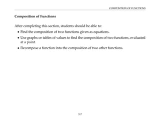 COMPOSITION OF FUNCTIONS
Composition of Functions
After completing this section, students should be able to:
• Find the composition of two functions given as equations.
• Use graphs or tables of values to find the composition of two functions, evaluated
at a point.
• Decompose a function into the composition of two other functions.
317
 