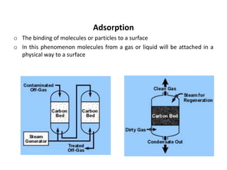 Adsorption
o The binding of molecules or particles to a surface
o In this phenomenon molecules from a gas or liquid will be attached in a
physical way to a surface
 