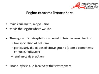 Region concern: Troposphere
• main concern for air pollution
• this is the region where we live
• The region of stratosphere also need to be concerned for the
– transportation of pollution
– particularly the debris of above ground (atomic bomb tests
or nuclear disaster)
– and volcanic eruption
• Ozone layer is also located at the stratosphere
 
