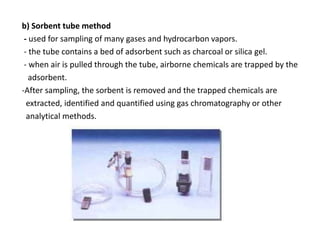 b) Sorbent tube method
- used for sampling of many gases and hydrocarbon vapors.
- the tube contains a bed of adsorbent such as charcoal or silica gel.
- when air is pulled through the tube, airborne chemicals are trapped by the
adsorbent.
-After sampling, the sorbent is removed and the trapped chemicals are
extracted, identified and quantified using gas chromatography or other
analytical methods.
 