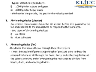 - typical velocities required are:
i) 1000 fpm for vapors and gases
ii) 4000 fpm for heavy dusts
- the heavier the particle, the greater the velocity needed
3. Air cleaning device (cleaner)
-to remove contaminants from the air stream before it is passed to the
fan and expelled to the atmosphere or recycled to the work area.
- two types of air cleaning devices:
i) air filters
ii) dust collecters
4. Air moving device (fan)
-the device that draws the air through the entire system
- It must be capable of generating enough of pressure drop to draw the
required volume of air through the hood, ducts, and collecting devices at
the correct velocity, and of overcoming the resistance to air flow from
hoods, ducts, and collecting devices.
 
