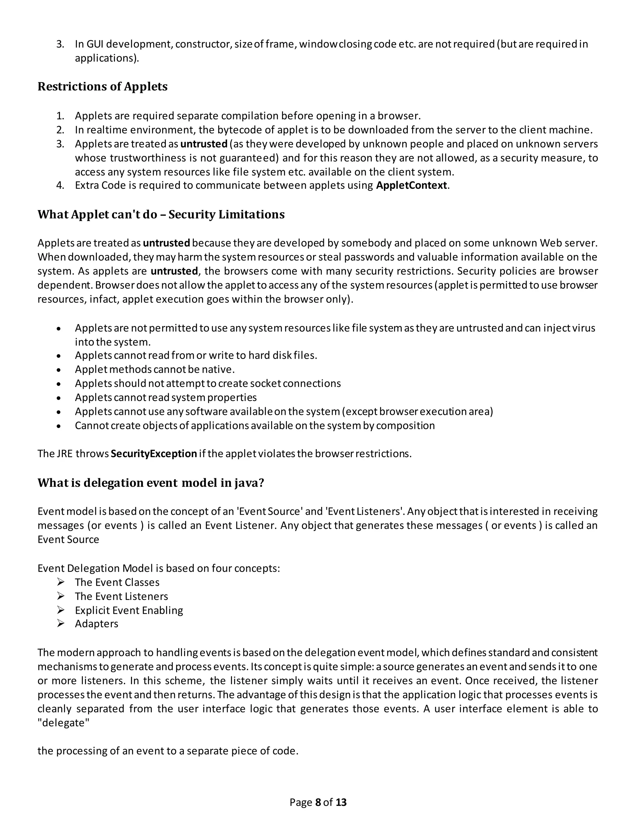 Class notes(week 10) on applet programming | DOCX