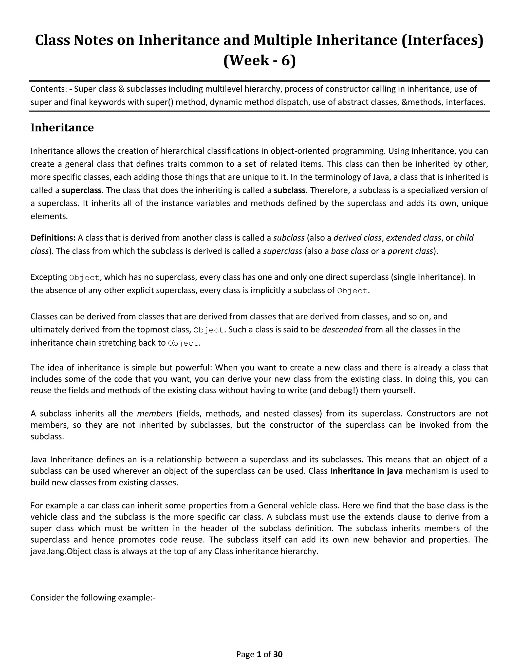 Class notes(week 6) on inheritance and multiple inheritance | PDF