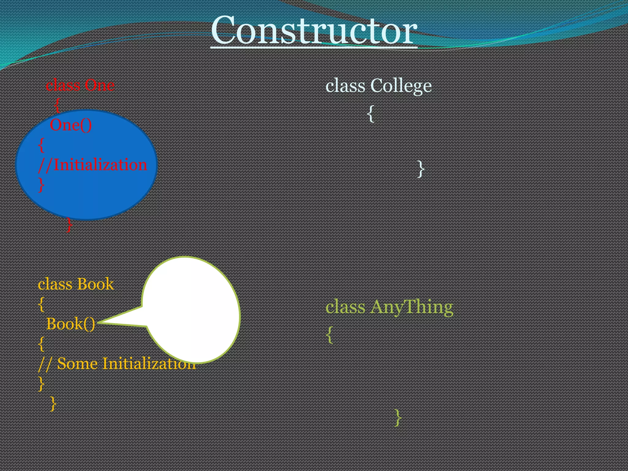Constructor
 class One                     class College
  {
                                    {
  One()
{
//Initialization                           }
}

    }


class Book
{                              class AnyThing
  Book()
{
                               {
// Some Initialization
}
  }
                                       }
 