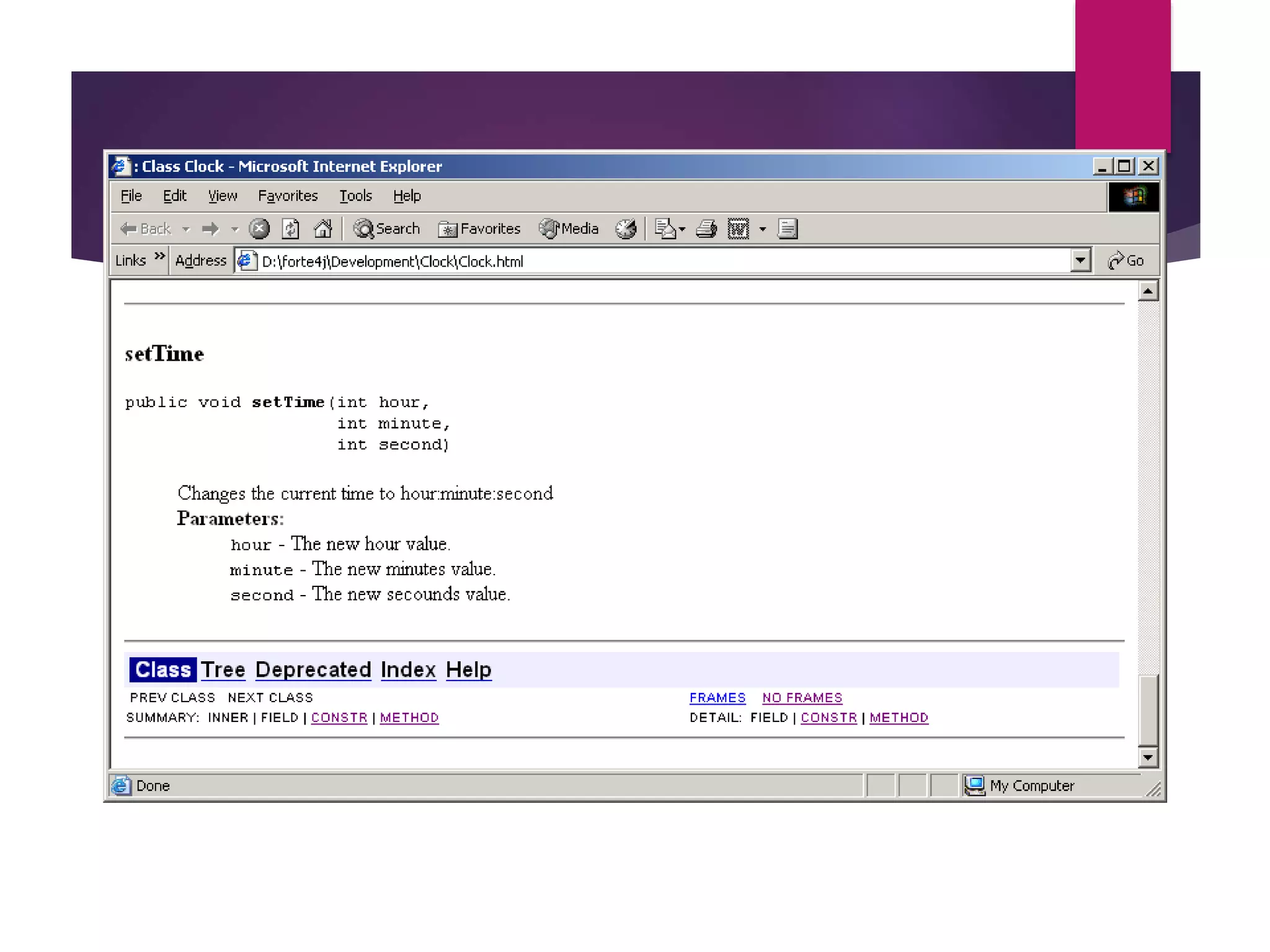 setTime generated javadoc 