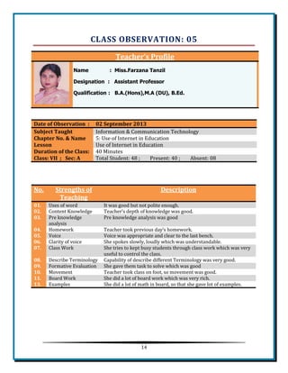 14 
CLASS OBSERVATION: 05 Teacher’s Profile Name : Miss.Farzana Tanzil Designation : Assistant Professor Qualification : B.A.(Hons),M.A (DU), B.Ed. 
Date of Observation : 02 September 2013 Subject Taught Information & Communication Technology Chapter No. & Name 
5: Use of Internet in Education Lesson Use of Internet in Education Duration of the Class: 
40 Minutes Class: VII ; Sec: A Total Student: 48 ; Present: 40 ; Absent: 08 
No. Strengths of Teaching Description 01. Uses of word It was good but not polite enough. 02. 
Content Knowledge 
Teacher’s depth of knowledge was good. 03. Pre knowledge analysis Pre knowledge analysis was good 04. 
Homework 
Teacher took previous day’s homework. 05. Voice Voice was appropriate and clear to the last bench. 06. 
Clarity of voice 
She spokes slowly, loudly which was understandable. 07. Class Work She tries to kept busy students through class work which was very useful to control the class. 08. 
Describe Terminology 
Capability of describe different Terminology was very good. 09. Formative Evaluation She gave them task to solve which was good 10. 
Movement 
Teacher took class on foot, so movement was good. 11. Board Work She did a lot of board work which was very rich. 13. 
Examples 
She did a lot of math in board, so that she gave lot of examples. 
 