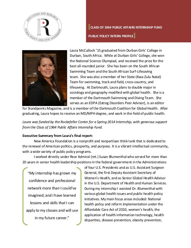 named internship profile summary laura mcculloch class of 1964 internship profile