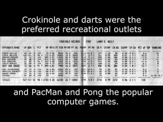 Crokinole and darts were the
 preferred recreational outlets




and PacMan and Pong the popular
       computer games.
 