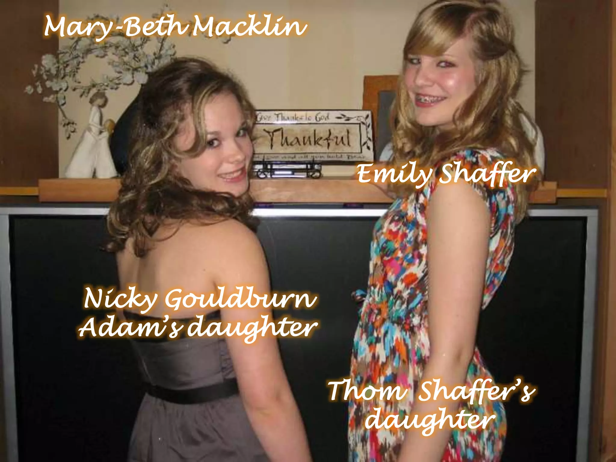 Mary-Beth Macklin
Emily Shaffer
Nicky Gouldburn
Adam’s daughter
Thom Shaffer’s
daughter
 