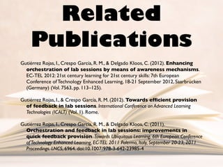 Related
Publications
Gutiérrez Rojas, I., Crespo García, R. M., & Delgado Kloos, C. (2012). Enhancing
orchestration of lab sessions by means of awareness mechanisms.
EC-TEL 2012: 21st century learning for 21st century skills: 7th European
Conference of Technology Enhanced Learning, 18-21 September 2012, Saarbrücken
(Germany) (Vol. 7563, pp. 113–125).
Gutiérrez Rojas, I., & Crespo García, R. M. (2012). Towards efﬁcient provision
of feedback in lab sessions. International Conference on Advanced Learning
Technologies (ICALT) (Vol. 1). Rome.
Gutiérrez Rojas, I., Crespo García, R. M., & Delgado Kloos, C. (2011).
Orchestration and feedback in lab sessions: improvements in
quick feedback provision. Towards Ubiquitous Learning. 6th European Conference
ofTechnology Enhanced Learning, EC-TEL 2011 Palermo, Italy, September 20-23, 2011
Proceedings. LNCS, 6964. doi:10.1007/978-3-642-23985-4
 