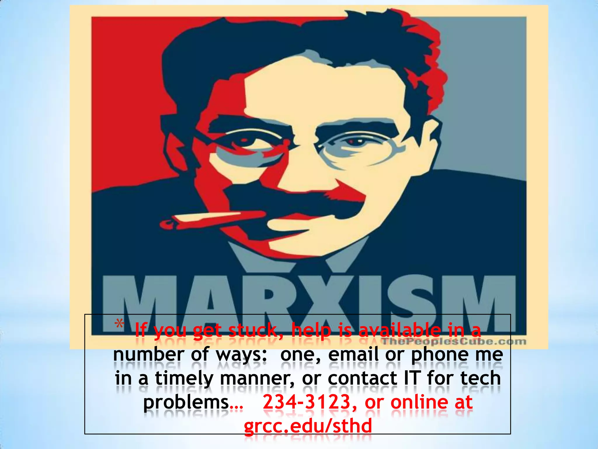 * If you get stuck, help is available in a
number of ways: one, email or phone me
in a timely manner, or contact IT for tech
   problems… 234-3123, or online at
               grcc.edu/sthd
 