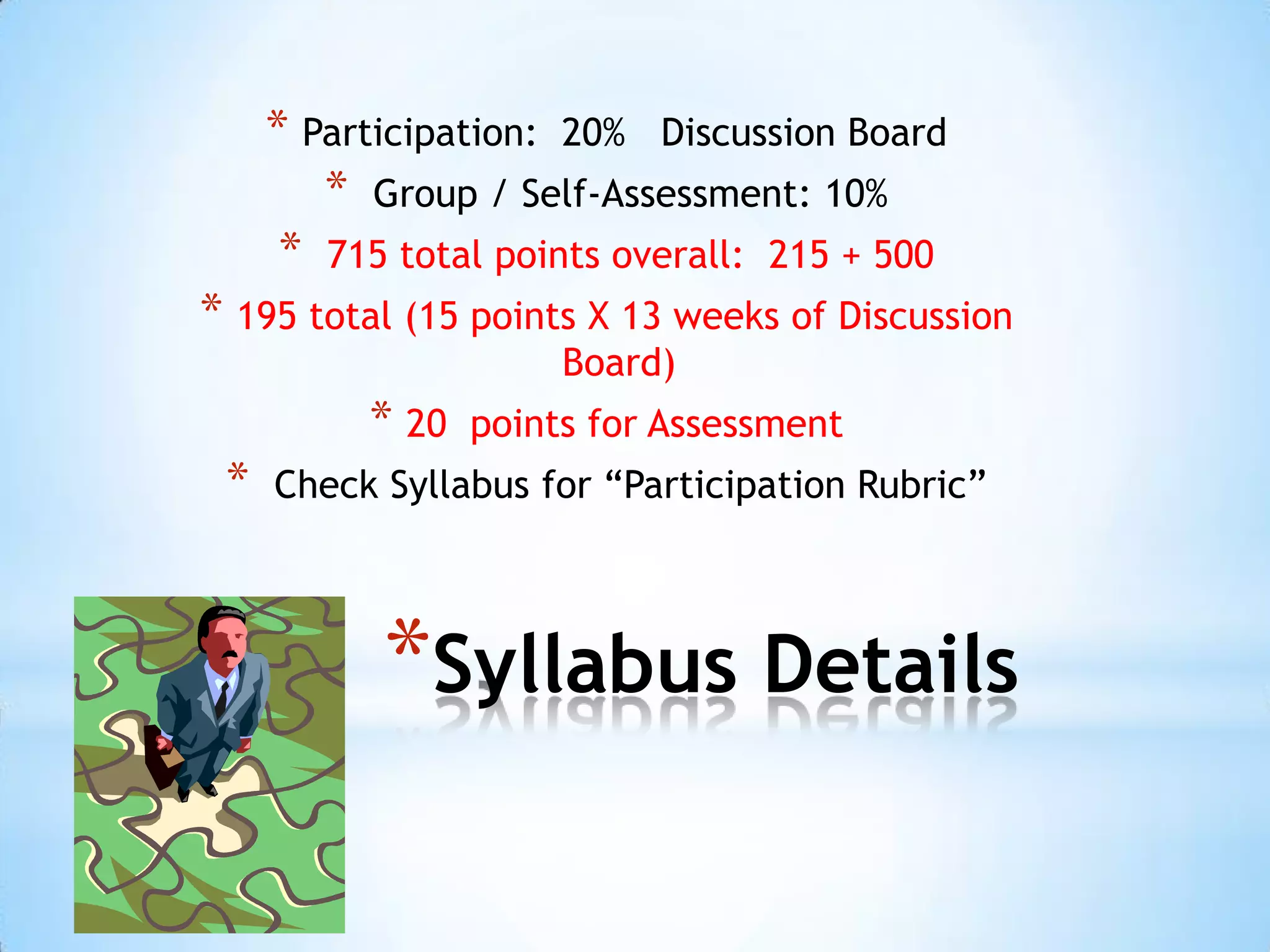 * Participation: 20% Discussion Board
        * Group / Self-Assessment: 10%
      * 715 total points overall: 215 + 500
* 195 total (15 points X 13 weeks of Discussion
                      Board)
          * 20   points for Assessment
 *   Check Syllabus for “Participation Rubric”




           *Syllabus Details
 