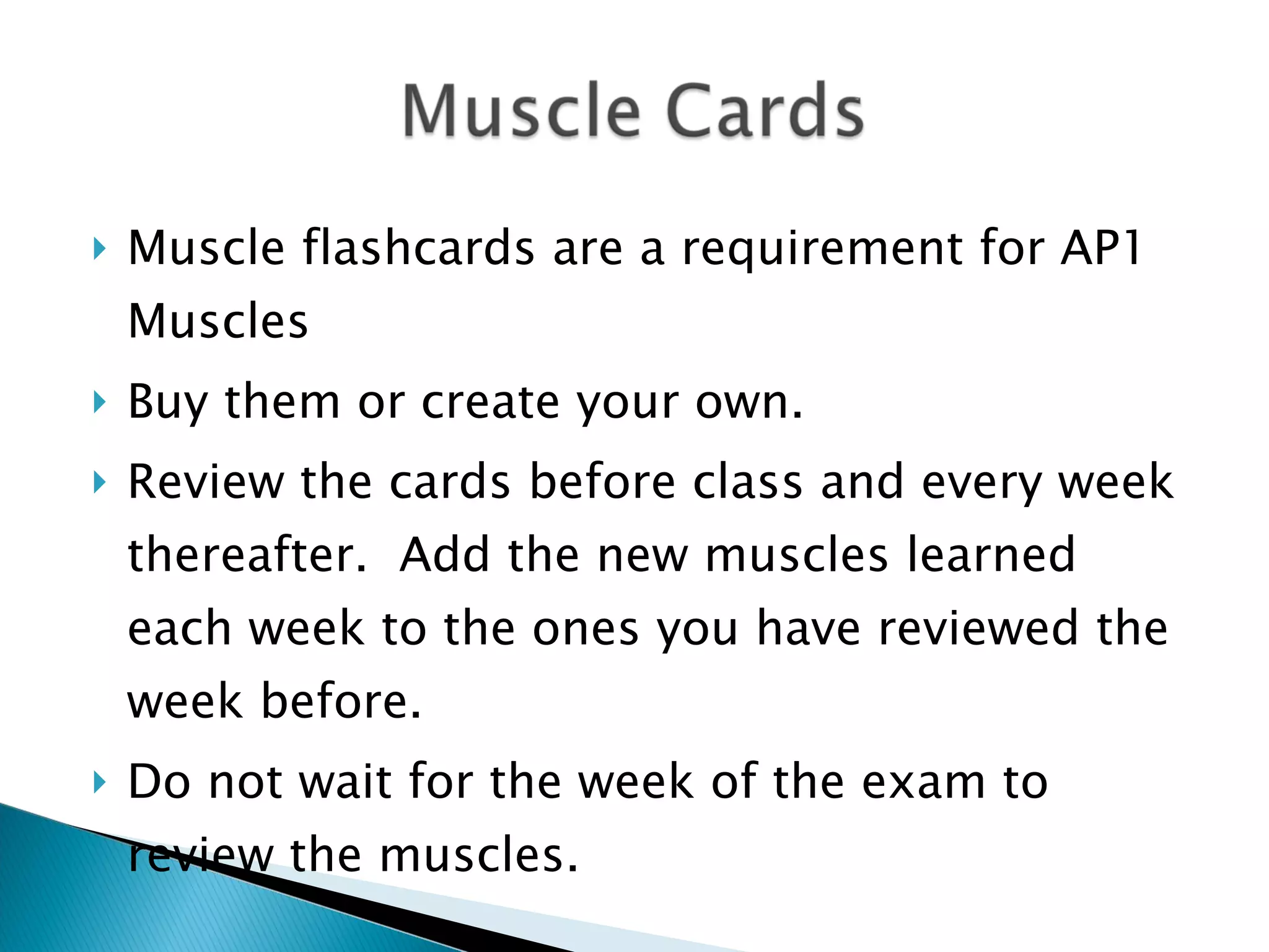 Muscle flashcards are a requirement for AP1 Muscles Buy them or create your own.  Review the cards before class and every week thereafter.  Add the new muscles learned each week to the ones you have reviewed the week before. Do not wait for the week of the exam to review the muscles. 