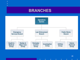28
BRANCHES
• The Operations Section Chief may add Branches to
supervise Groups and Divisions and further reduce his or
her span of control. The person in charge of each Branch
is designated as a Director.
 
