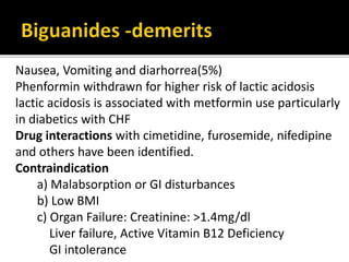 Nausea, Vomiting and diarhorrea(5%)
Phenformin withdrawn for higher risk of lactic acidosis
lactic acidosis is associated with metformin use particularly
in diabetics with CHF
Drug interactions with cimetidine, furosemide, nifedipine
and others have been identified.
Contraindication
a) Malabsorption or GI disturbances
b) Low BMI
c) Organ Failure: Creatinine: >1.4mg/dl
Liver failure, Active Vitamin B12 Deficiency
GI intolerance
 