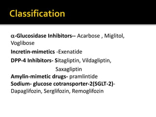 -Glucosidase Inhibitors-- Acarbose , Miglitol,
Voglibose
Incretin-mimetics -Exenatide
DPP-4 Inhibitors- Sitagliptin, Vildagliptin,
Saxagliptin
Amylin-mimetic drugs- pramlintide
Sodium- glucose cotransporter-2(SGLT-2)-
Dapaglifozin, Serglifozin, Remoglifozin
 