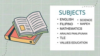 SUBJECTS
• ARALING PANLIPUNAN
• TLE
• MATHEMATICS
• VALUES EDUCATION
• ENGLISH
• FILIPINO • MAPEH
• SCIENCE
 
