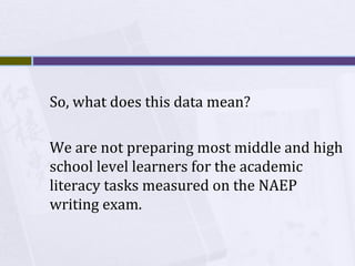 So, what does this data mean?
We are not preparing most middle and high
school level learners for the academic
literacy tasks measured on the NAEP
writing exam.

 