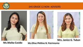 SHS GRADE 12 NON- ADVISERS
Ms.Olive Philline N. Patrimonio
Mrs. Janice G. Tuban
Ms.Maika Casido
 