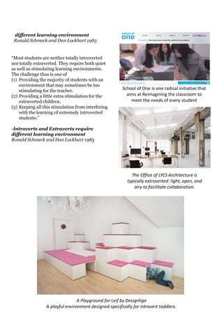different learning environment
 Ronald Schmeck and Dan Lockhart 1983


“Most students are neither totally introverted
nor totally extraverted. They require both quiet
as well as stimulating learning environments.
The challenge thus is one of
(1) Providing the majority of students with an
    environment that may sometimes be too
    stimulating for the teacher.                        School of One is one radical initiative that
(2) Providing a little extra stimulation for the          aims at Reimagining the classroom to
    extraverted children.                                   meet the needs of every student
(3) Keeping all this stimulation from interfering
    with the learning of extremely introverted
    students.”

-Introverts and Extraverts require
different learning environment
Ronald Schmeck and Dan Lockhart 1983




                                                            The Office of LYCS Architecture is
                                                          typically extroverted: light, open, and
                                                              airy to facilitate collaboration.




                                 A Playground for Leif by Designliga
                 A playful environment designed specifically for introvert toddlers.
 