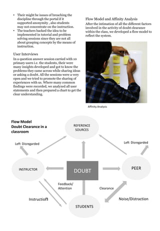 • Their might be issues of breaching the
   discipline through the portal if it             Flow Model and Affinity Analysis
   supported anonymity , also students             After the intimation of all the different factors
   may not concentrate on the instruction.         involved in the activity of doubt clearance
 • The teachers backed the idea to be              within the class, we developed a flow model to
   implemented in tutorial and problem             reflect the system.
   solving sessions since they are not all
   about grasping concepts by the means of
   instruction.

 User Interviews
 In a question answer session carried with 10
 primary users i.e. the students, their were
 many insights developed and got to know the
 problems they came across while sharing ideas
 or asking a doubt. All the sessions were a very
 open and we tried to promote the sharing of
 experiences with us. Where many common
 findings were recorded, we analyzed all user
 statements and then prepared a chart to get the
 clear understanding.


                                                    Affinity Analysis




Flow Model
Doubt Clearance in a                        REFERENCE
                                             SOURCES
classroom

  Left Disregarded                                                             Left Disregarded




    INSTRUCTOR                                                                       PEER
                                            DOUBT

                                Feedback/
                                Attention                     Clearance


           Instruction                                                     Noise/Distraction
                                             STUDENTS
 