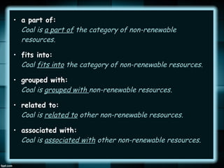 • a part of:
Coal is a part of the category of non-renewable
resources.
• fits into:
Coal fits into the category of non-renewable resources.
• grouped with:
Coal is grouped with non-renewable resources.
• related to:
Coal is related to other non-renewable resources.
• associated with:
Coal is associated with other non-renewable resources.

 