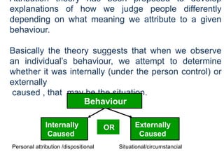 Attribution theory has been proposed to develop
explanations of how we judge people differently
depending on what meaning we attribute to a given
behaviour.
Basically the theory suggests that when we observe
an individual’s behaviour, we attempt to determine
whether it was internally (under the person control) or
externally
caused , that may be the situation.
Behaviour
Internally
Caused
Externally
Caused
OR
Personal attribution /dispositional Situational/circumstancial
 