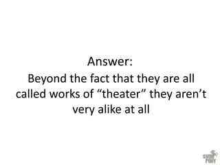 Answer:
Beyond the fact that they are all
called works of “theater” they aren’t
very alike at all
 