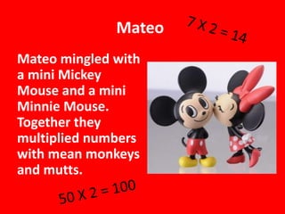 Mateo
Mateo mingled with
a mini Mickey
Mouse and a mini
Minnie Mouse.
Together they
multiplied numbers
with mean monkeys
and mutts.
 