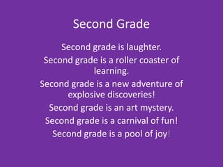Second Grade
     Second grade is laughter.
 Second grade is a roller coaster of
            learning.
Second grade is a new adventure of
      explosive discoveries!
  Second grade is an art mystery.
 Second grade is a carnival of fun!
   Second grade is a pool of joy!
 