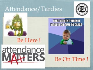 Attendance/Tardies
Be Here !
Be On Time !
 