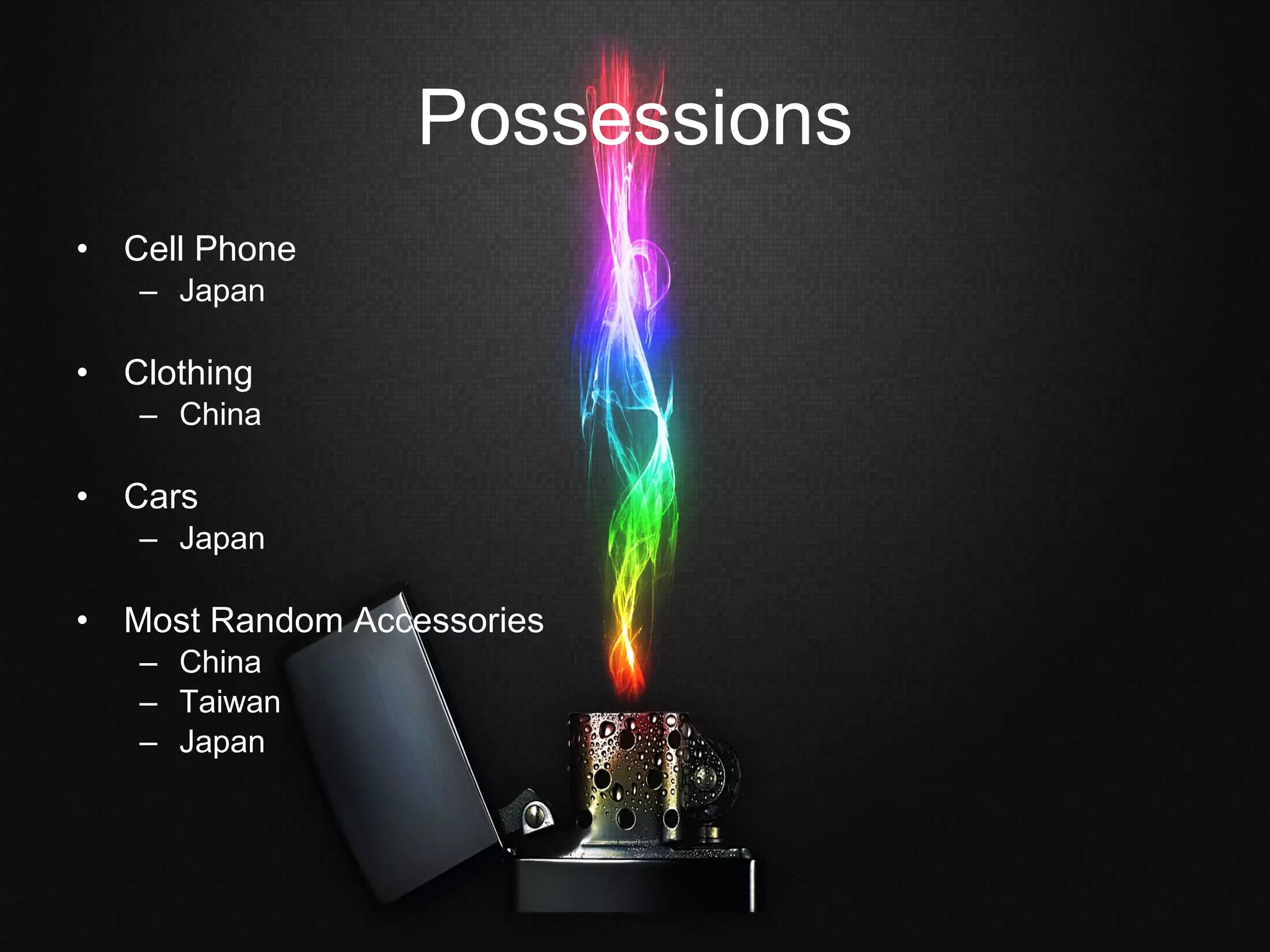 Possessions Cell Phone Japan Clothing China Cars Japan Most Random Accessories China Taiwan Japan 