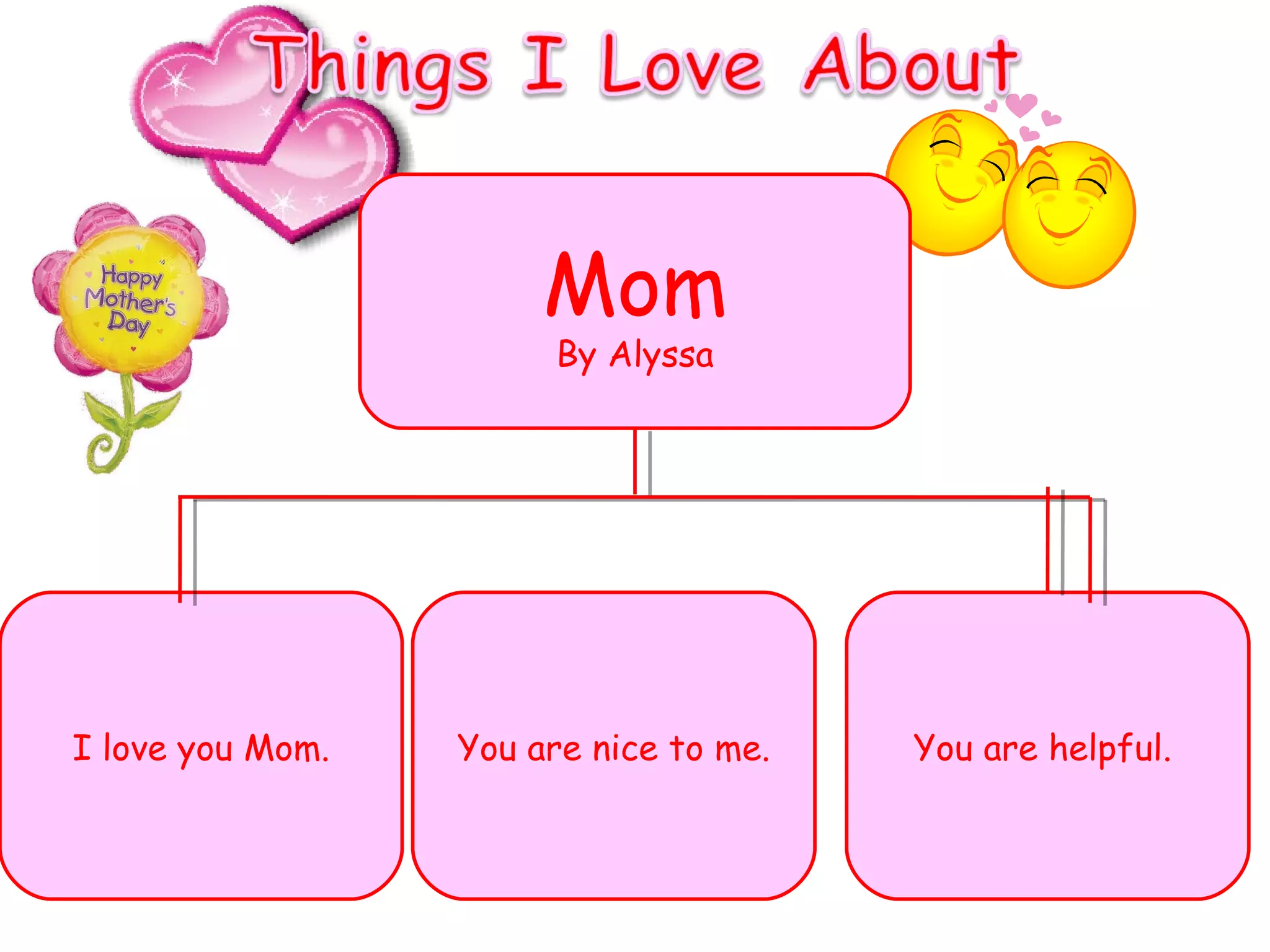 Mom By Alyssa I love you Mom. You are helpful.  You are nice to me. 