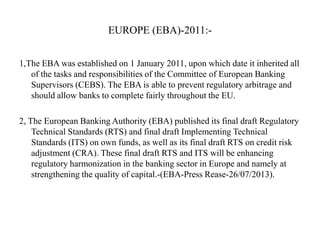 EUROPE (EBA)-2011:1,The EBA was established on 1 January 2011, upon which date it inherited all
of the tasks and responsibilities of the Committee of European Banking
Supervisors (CEBS). The EBA is able to prevent regulatory arbitrage and
should allow banks to complete fairly throughout the EU.
2, The European Banking Authority (EBA) published its final draft Regulatory
Technical Standards (RTS) and final draft Implementing Technical
Standards (ITS) on own funds, as well as its final draft RTS on credit risk
adjustment (CRA). These final draft RTS and ITS will be enhancing
regulatory harmonization in the banking sector in Europe and namely at
strengthening the quality of capital.-(EBA-Press Rease-26/07/2013).

 