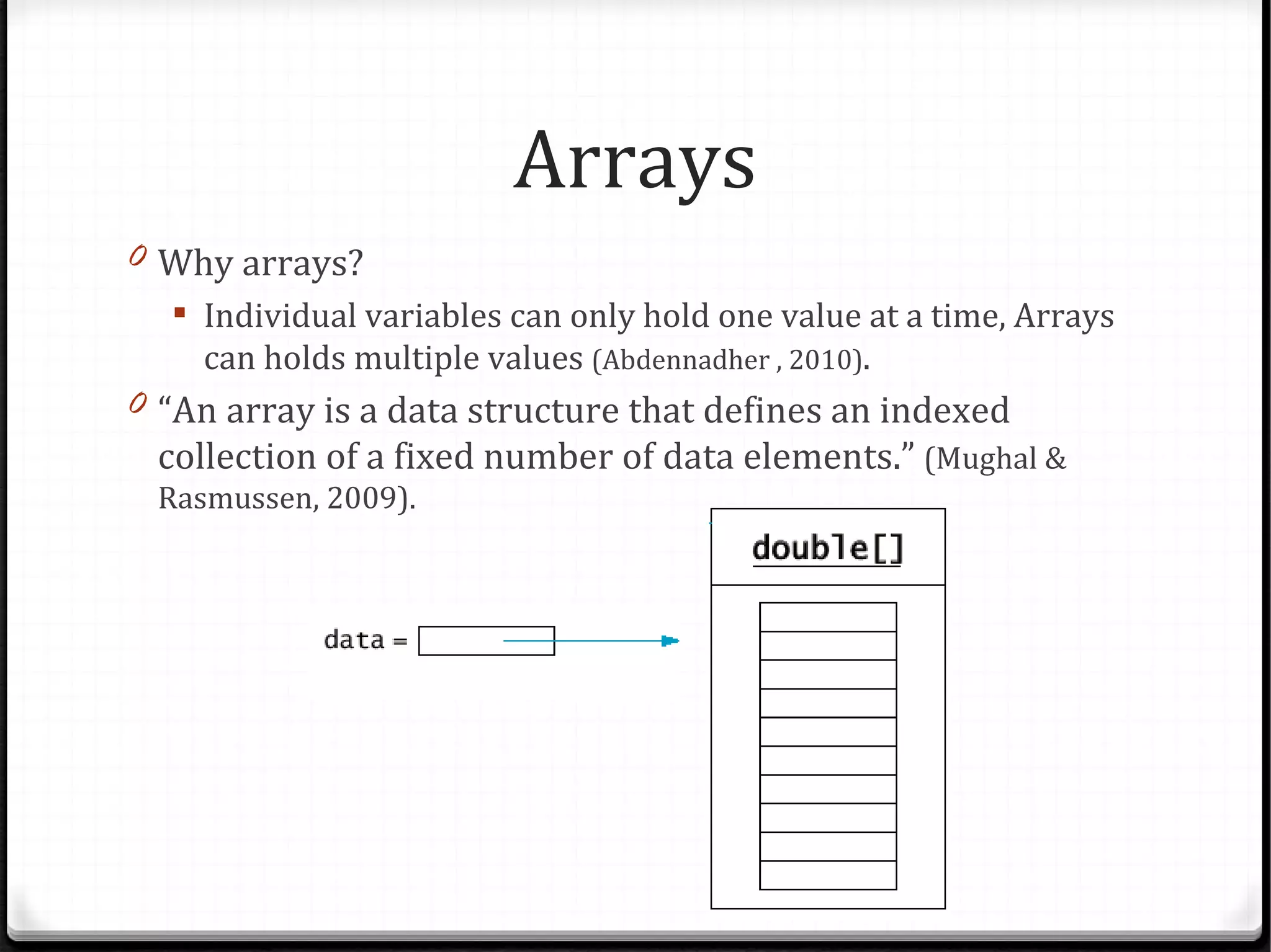 Arrays
0 Why arrays?
    Individual variables can only hold one value at a time, Arrays
     can holds multiple values (Abdennadher , 2010).
0 “An array is a data structure that defines an indexed
  collection of a fixed number of data elements.” (Mughal &
  Rasmussen, 2009).
 