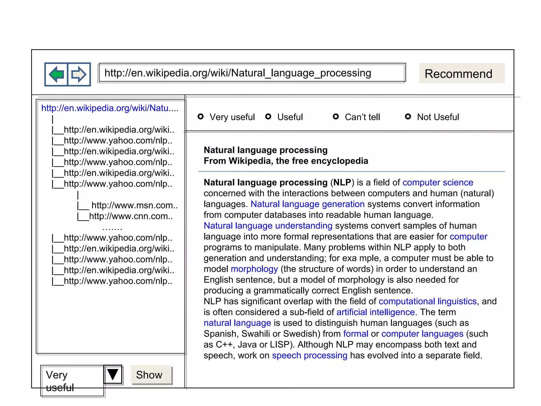 http://en.wikipedia.org/wiki/Natural_language_processing Recommend Natural language processing From Wikipedia, the free encyclopedia Natural language processing  ( NLP ) is a field of  computer science  concerned with the interactions between computers and human (natural) languages.  Natural language generation  systems convert information from computer databases into readable human language.  Natural language understanding  systems convert samples of human language into more formal representations that are easier for  computer  programs to manipulate. Many problems within NLP apply to both generation and understanding; for exa mple, a computer must be able to model  morphology  (the structure of words) in order to understand an English sentence, but a model of morphology is also needed for producing a grammatically correct English sentence. NLP has significant overlap with the field of  computational linguistics , and is often considered a sub-field of  artificial intelligence . The term  natural language  is used to distinguish human languages (such as Spanish, Swahili or Swedish) from  formal  or  computer languages  (such as C++, Java or LISP). Although NLP may encompass both text and speech, work on  speech processing  has evolved into a separate field. http://en.wikipedia.org/wiki/Natu .... | |__http://en.wikipedia.org/wiki.. |__http://www.yahoo.com/nlp.. |__http://en.wikipedia.org/wiki.. |__http://www.yahoo.com/nlp.. |__http://en.wikipedia.org/wiki.. |__http://www.yahoo.com/nlp.. | |__ http://www.msn.com.. |__http://www.cnn.com.. …… . |__http://www.yahoo.com/nlp.. |__http://en.wikipedia.org/wiki.. |__http://www.yahoo.com/nlp.. |__http://en.wikipedia.org/wiki.. |__http://www.yahoo.com/nlp.. Very useful Useful Can’t tell Not Useful Very useful Show 
